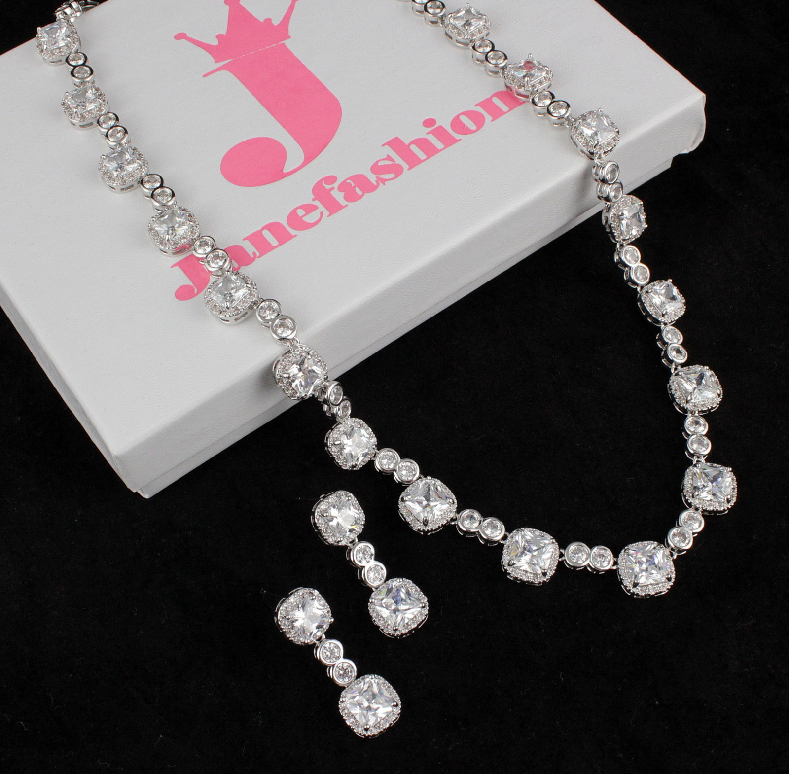 Princess Cut Halo CZ Cubic Zirconia Crystal Necklace Earrings Set Wedding CZ896
