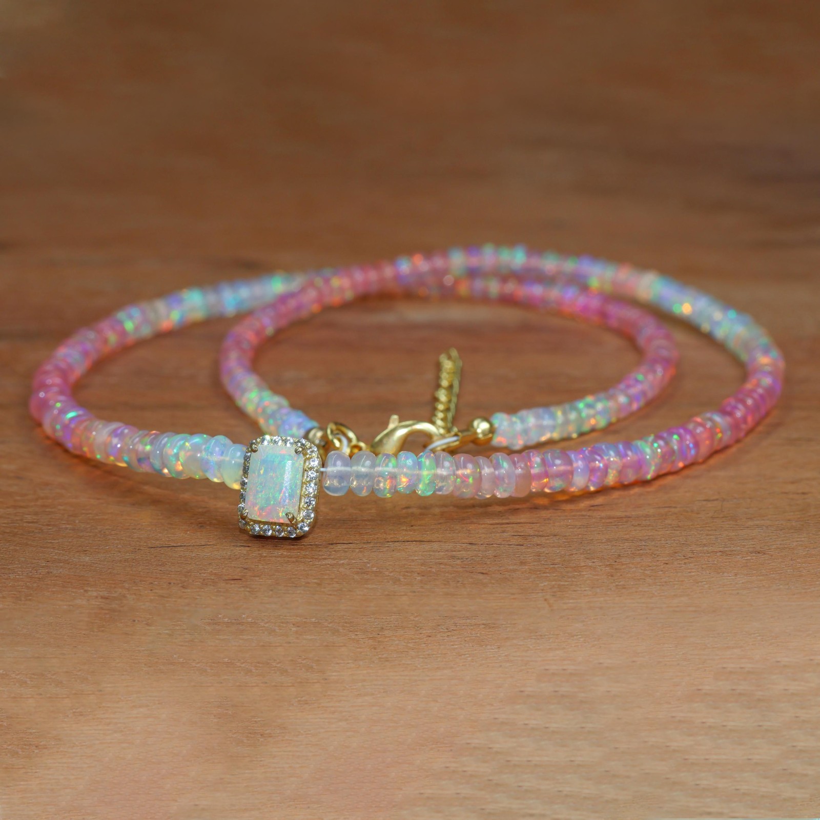 Shaded Pink Opal Smooth Beads Charm Necklace, Multifire Octagon Opal Charm