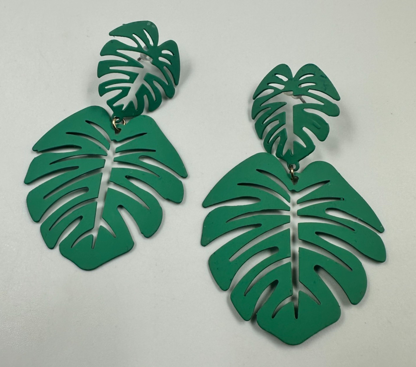 Monstera Leaf Dangle Earrings Green Tropical Beach Summer Jewelry Pierced