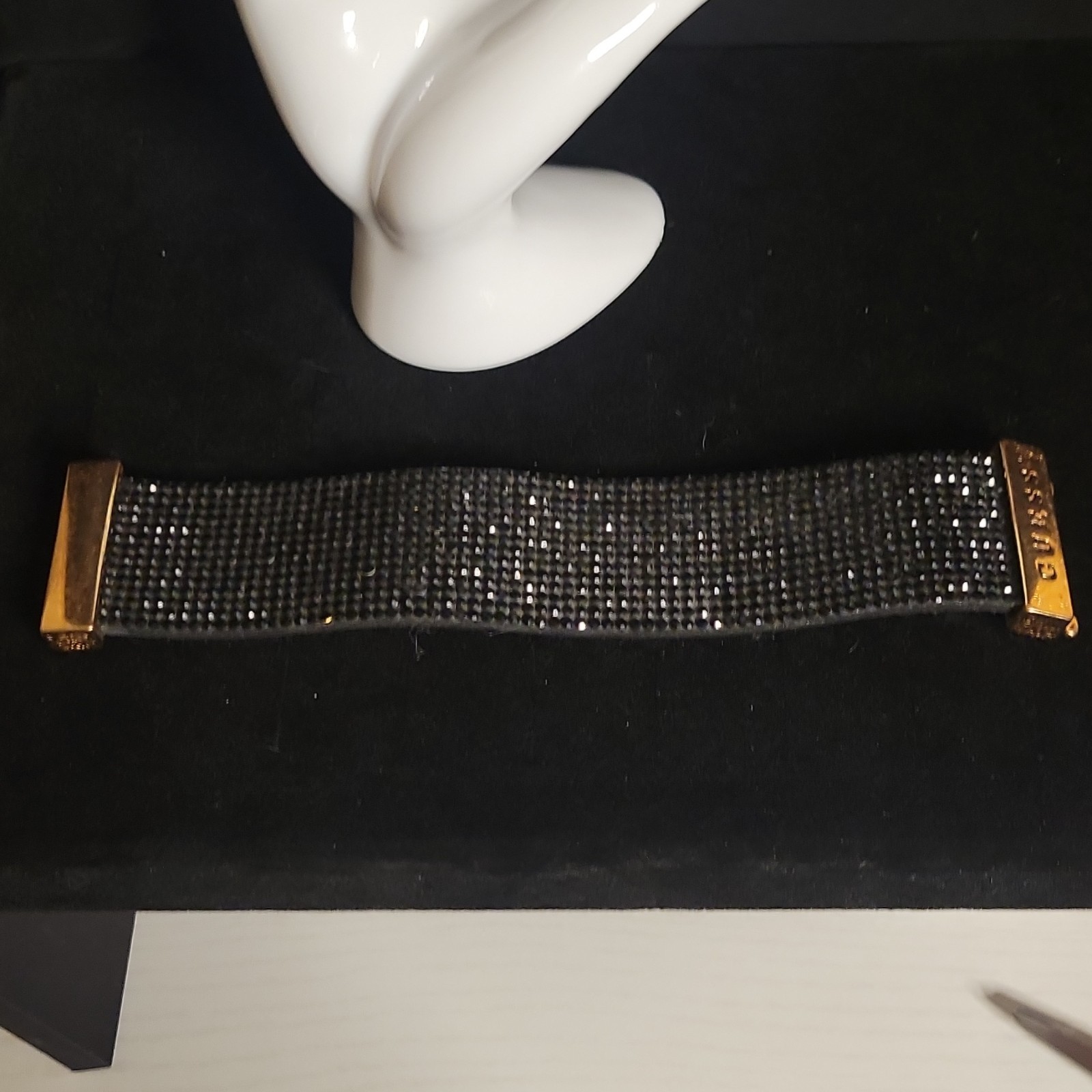 GUESS Black Mesh Magnetic Cuff Bangle Bracelet Gold Tone Signed No Stone