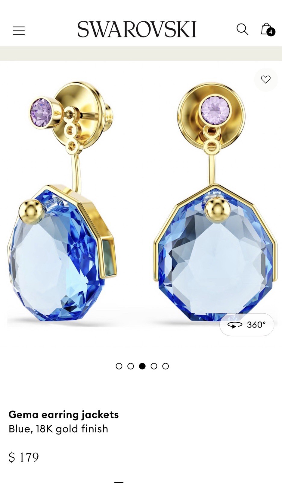 Swarovski Gema Jacket Drop Stud Earrings Blue Octagon Crystal 18K Gold Plated