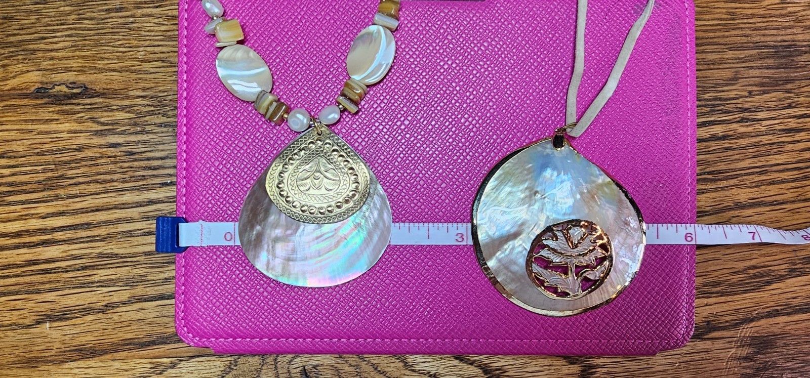 2 Large Mother of Pearl Seashell Necklaces w/Carved, Gilded & Stamped Components