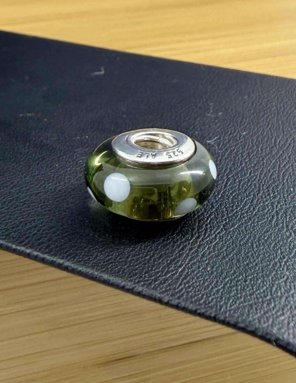 PANDORA Sterling Silver Dark Forest Green White Polka Dots Murano Glass Charm