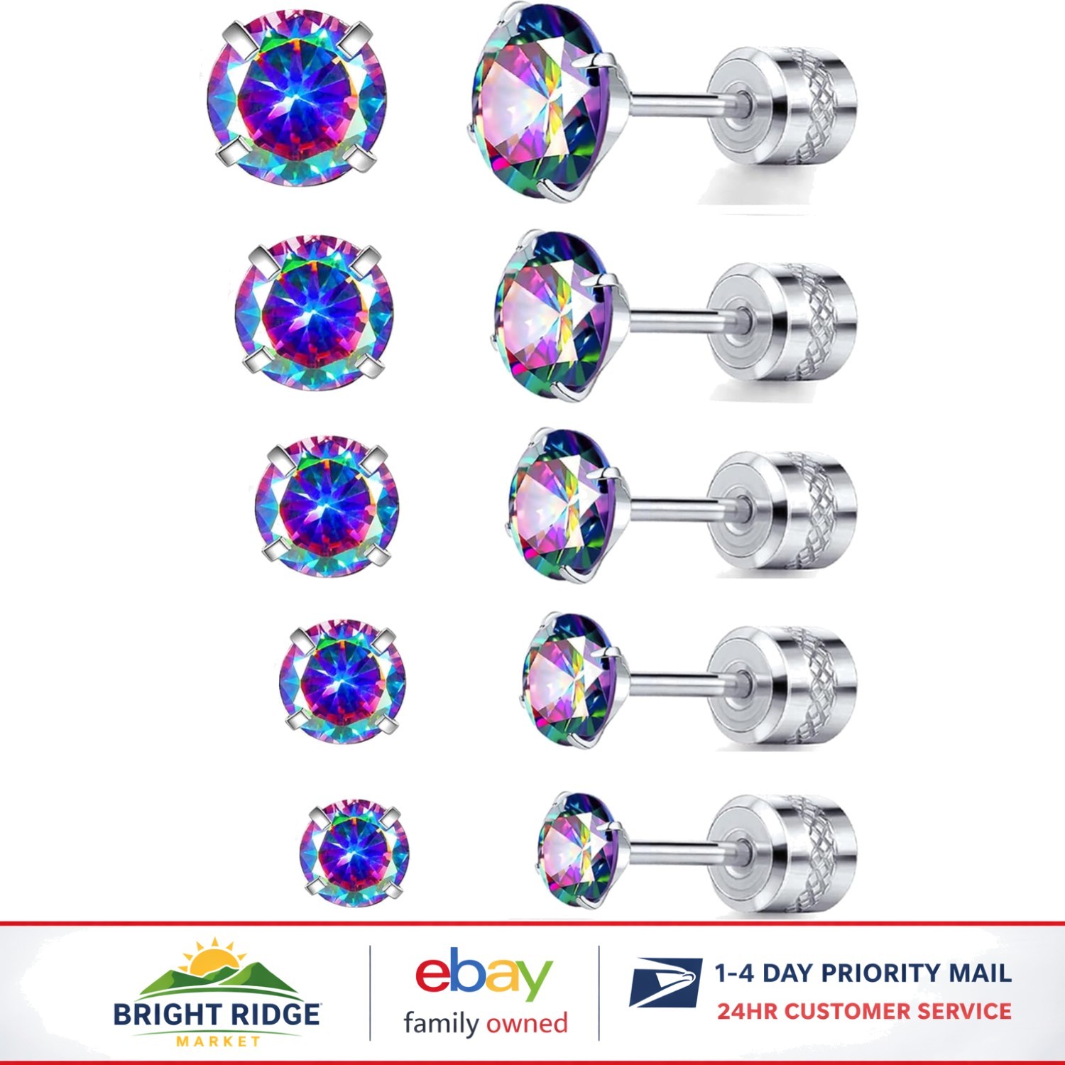 5 Pairs Titanium Screw Back Stud Earrings with Colorful Cubic Zirconia Inlay