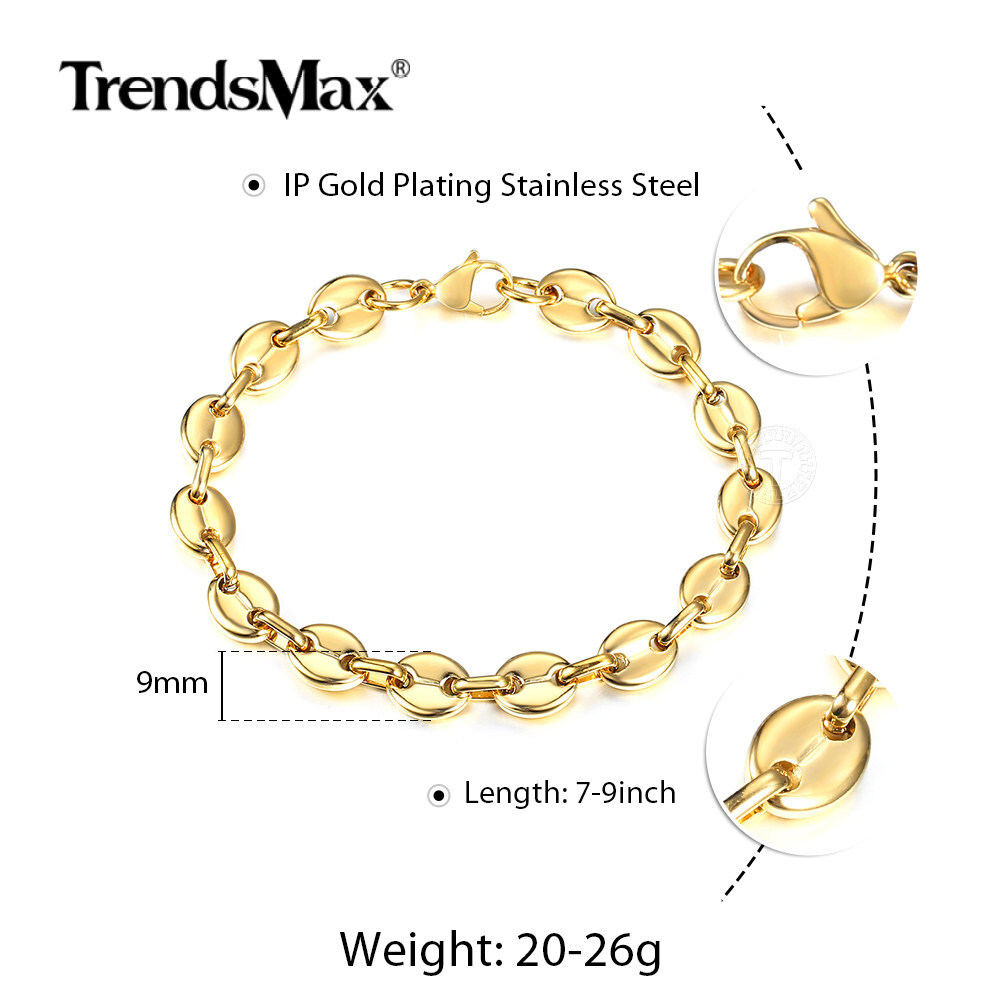 7/9/11mm For Unisex Chain Gold Plated Stainless Steel Marina Link Bracelet 7-9″