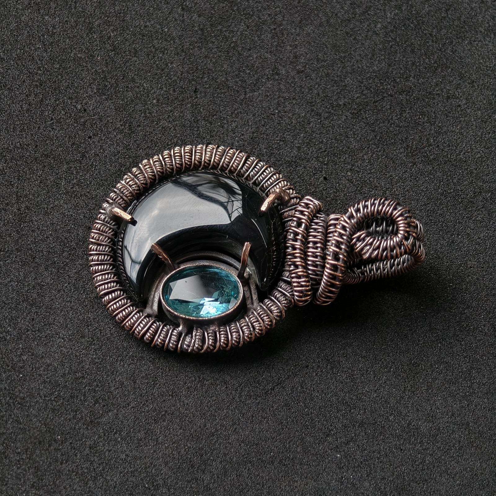 Copper Wire Wrapped Crescent Moon Pendant, Black Onyx & Blue Topaz Necklace