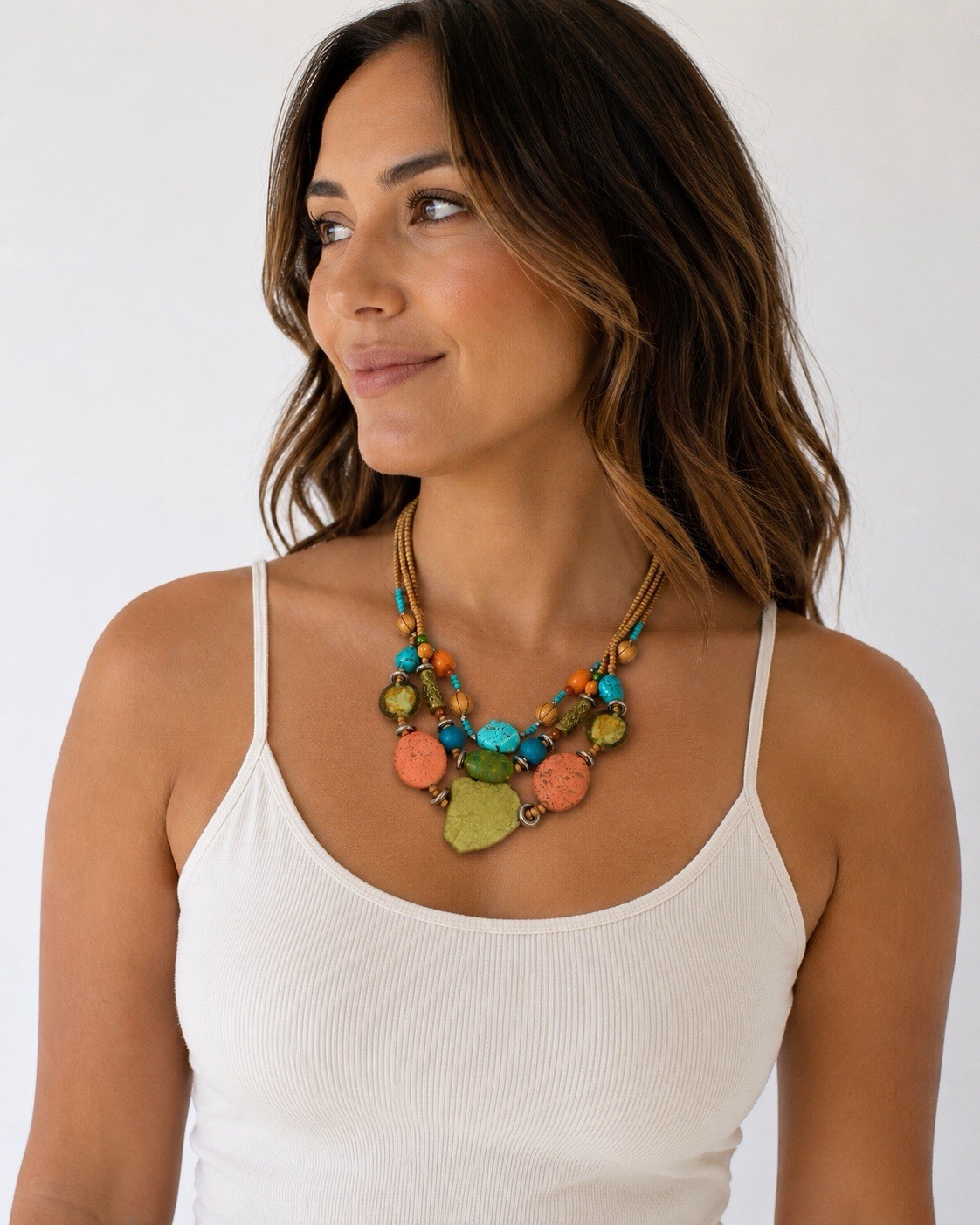 Beaded Stone Statement Necklace Multi Strand Aqua Green Brown Silver Boho Glass
