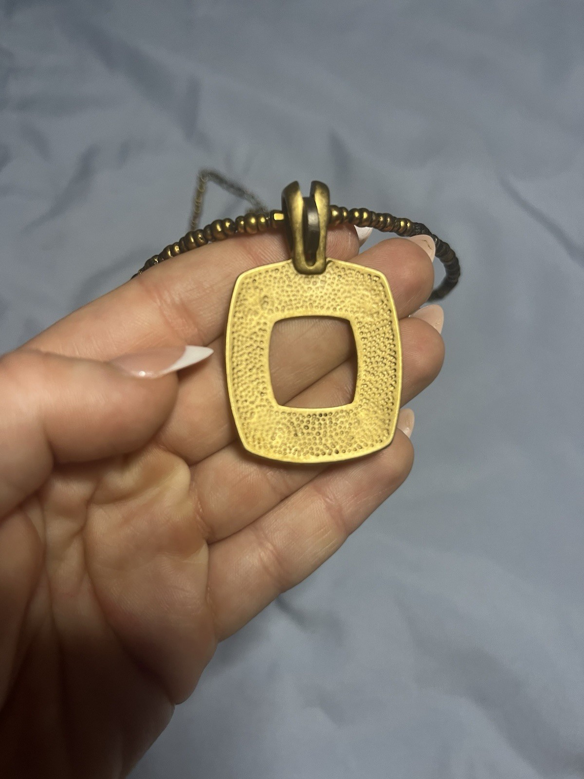 Premier Designs Vintage Beaded Necklace Brushed Gold Square Cutout Pendant