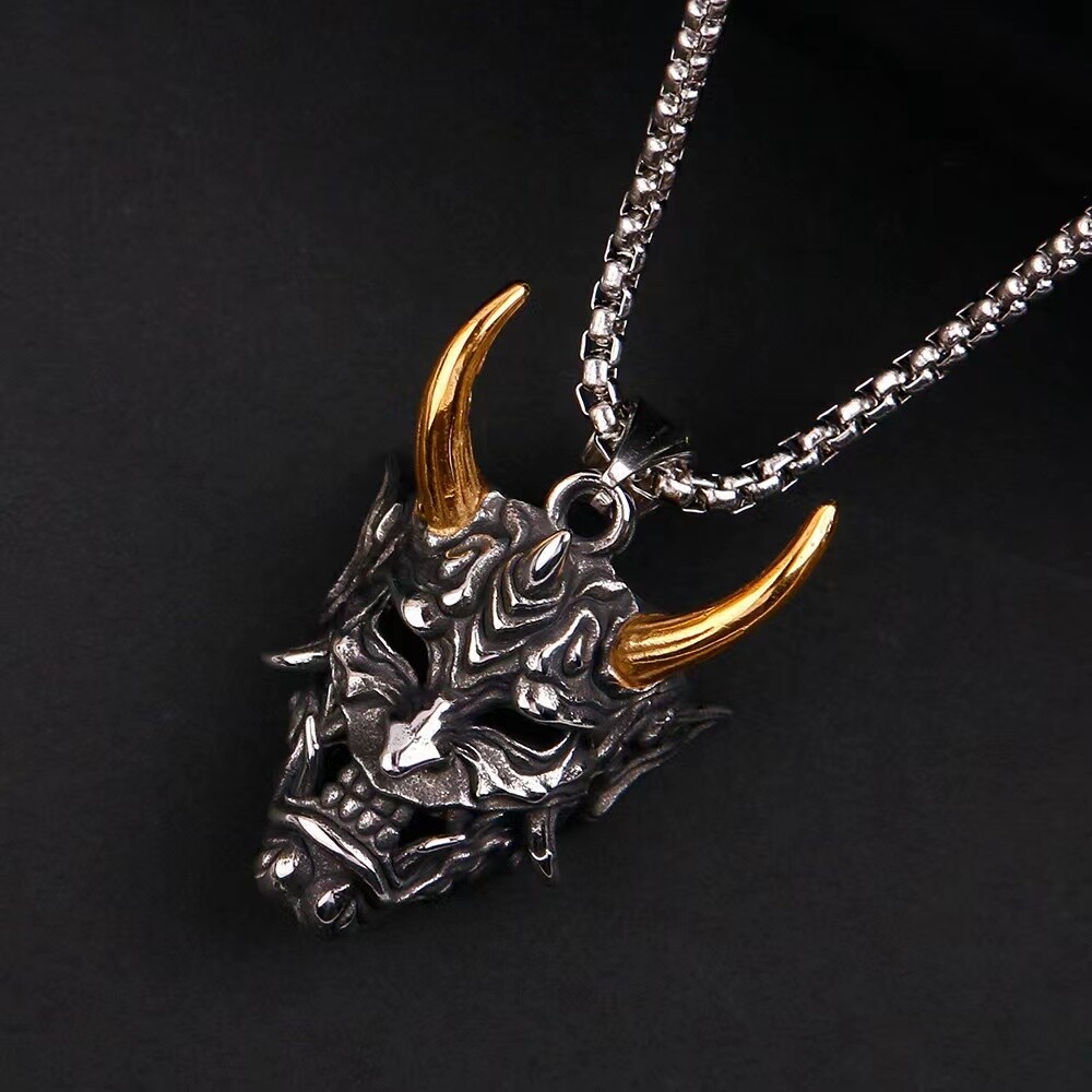 Mens Punk Silver Gold Japanese Hannya Oni Mask Pendant Necklace Box Chain 24″