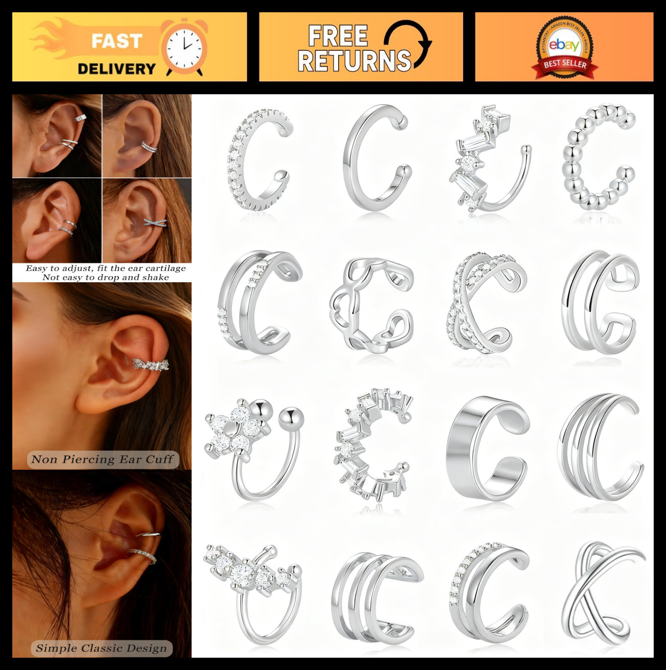 16Pcs Non-Piercing Ear Cuff Earrings Set – Gold Silver Plated Clip-On CZ Heart F