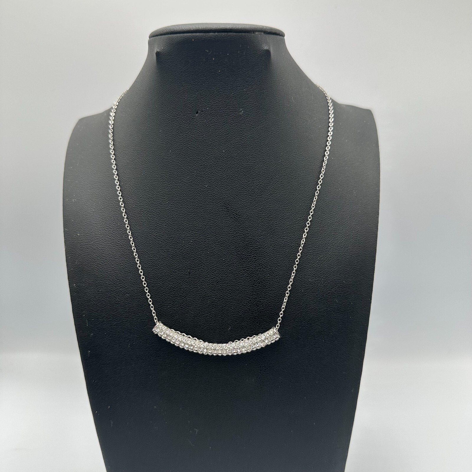 Rhinestone Bar Necklace Women Silver Tone Dainty Thin Chain Lightweight 14 Inch