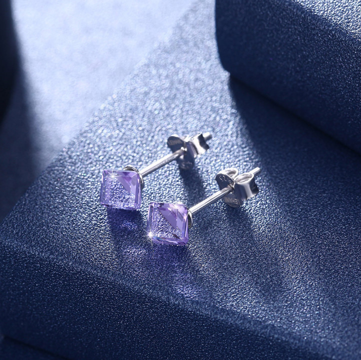 925 Sterling Silver Purple Cube Crystal HYPOALLERGENIC Stud Post CZ Earrings J7
