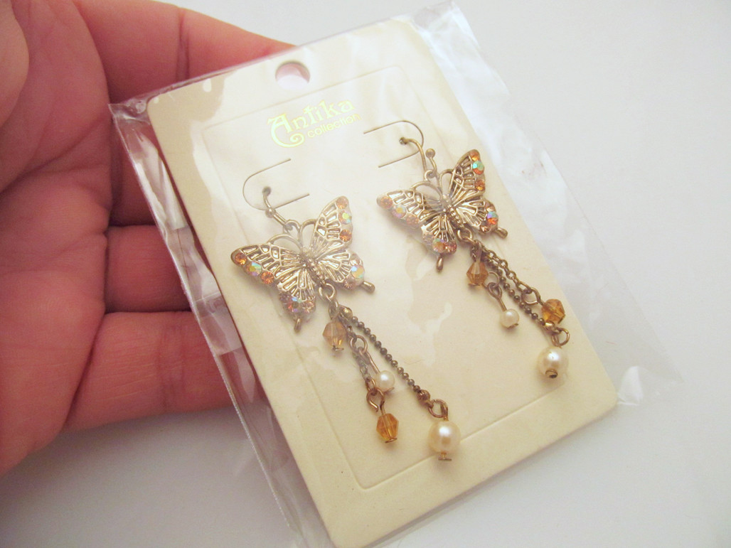 *NEW Gold Tone Butterfly Drop Amber Crystal Pierced Earrings by Antika