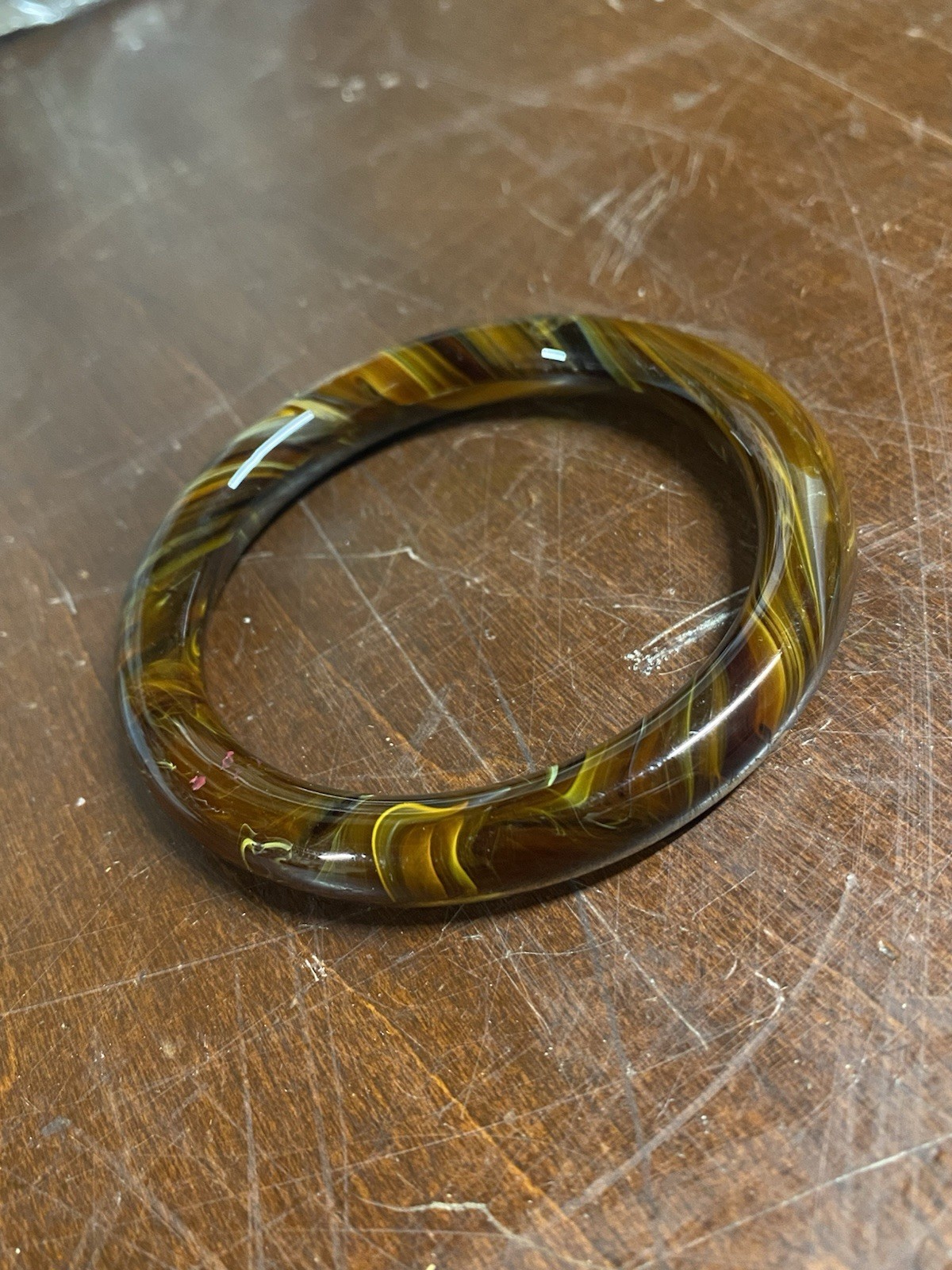 Brown & Yellow Swirl Plastic Round Bangle Bracelet, Less Than 12 in