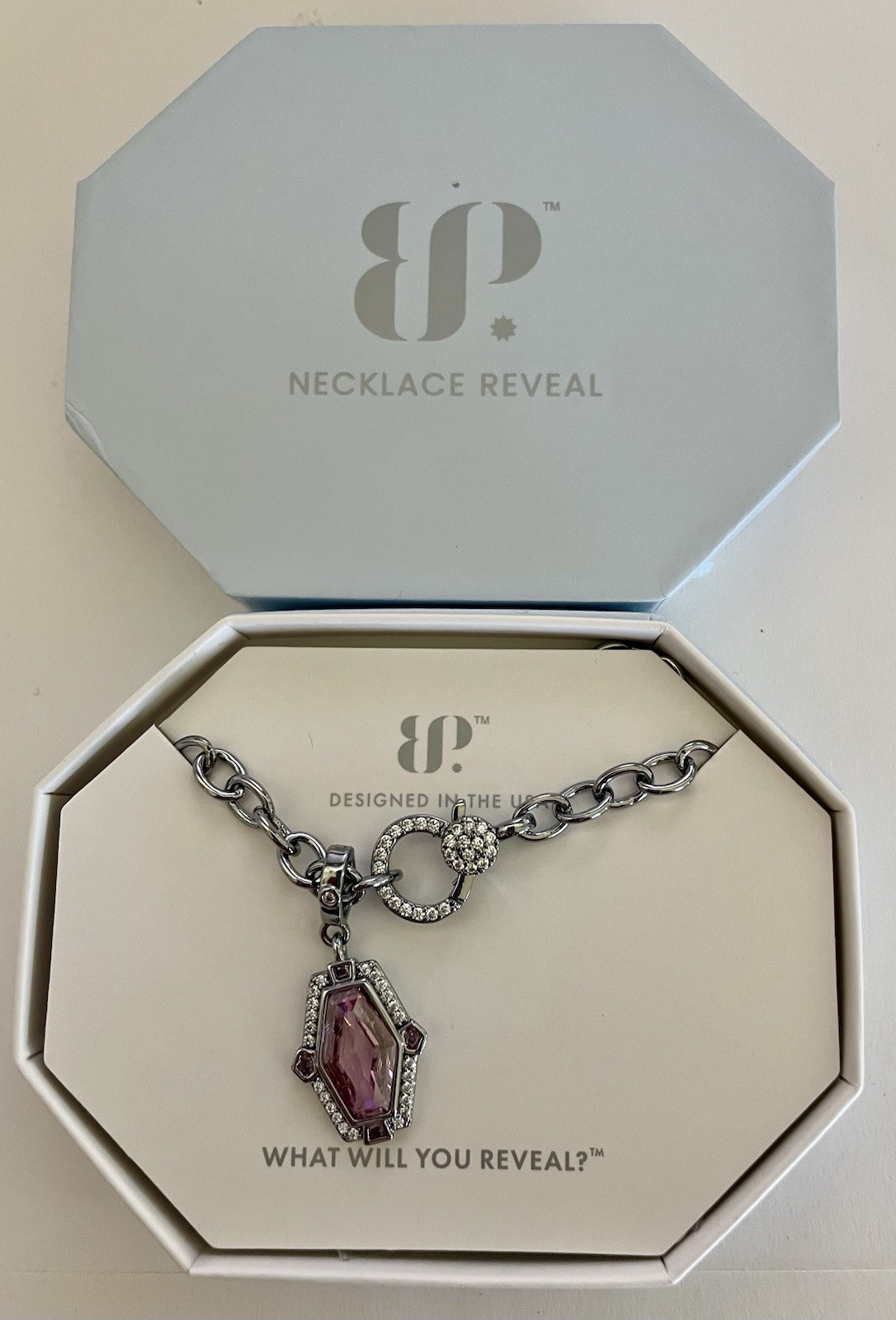 Bomb Party Necklace “Regal Attitude” NK86848 Rose Quartz CZ Hematite Plated