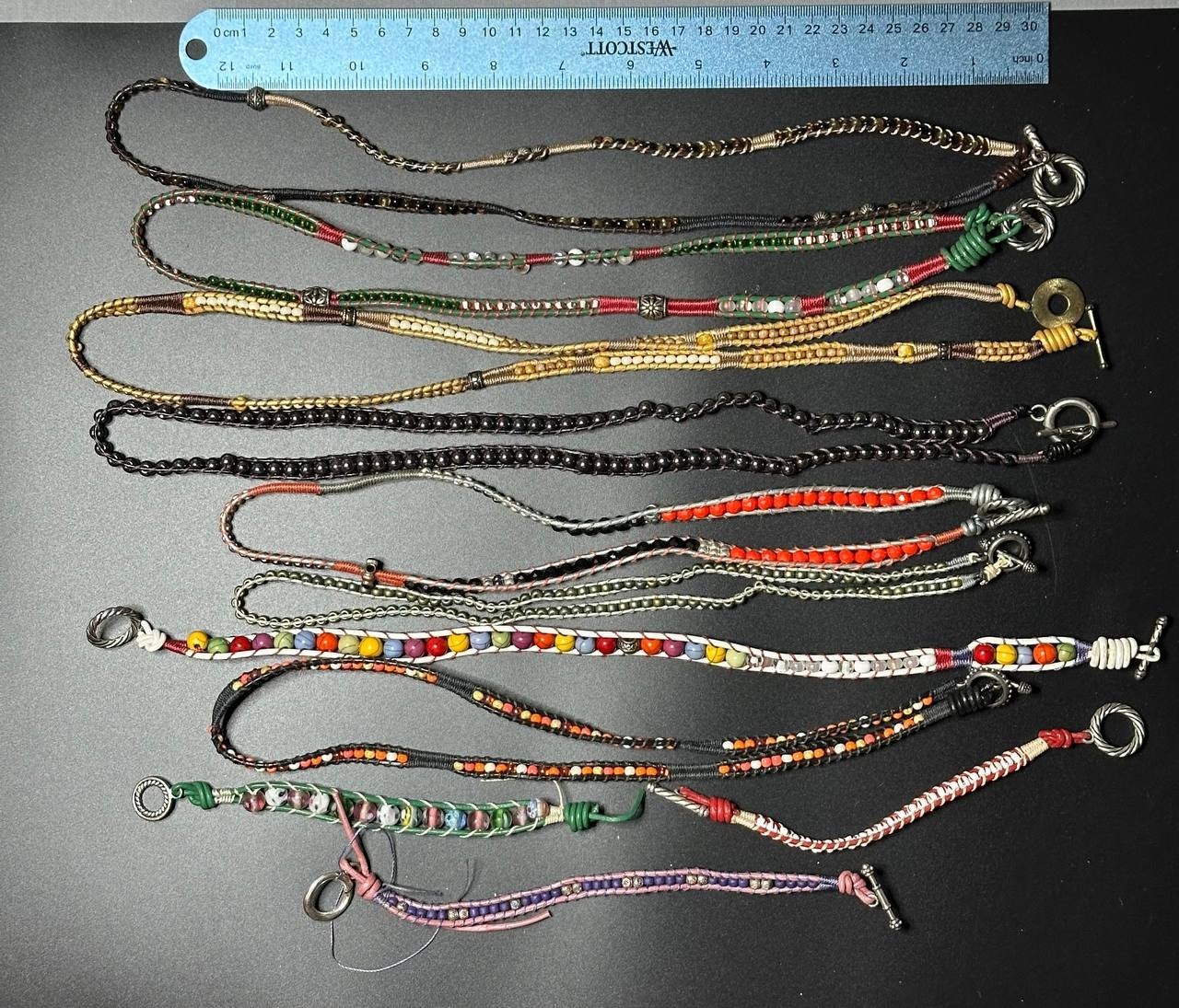 Lot of 11 leather cord wrap bracelets multicolor handmade Czech glass millefiori