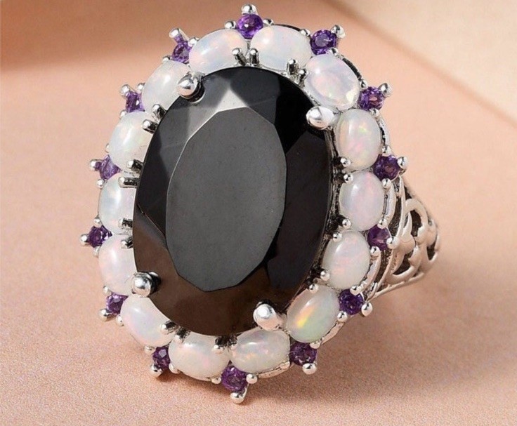 LAVISH COCKTAIL RING WITH ELITE SHUNGITE, ETHIOPIAN OPAL, & AMETHYST [SIZE 6]