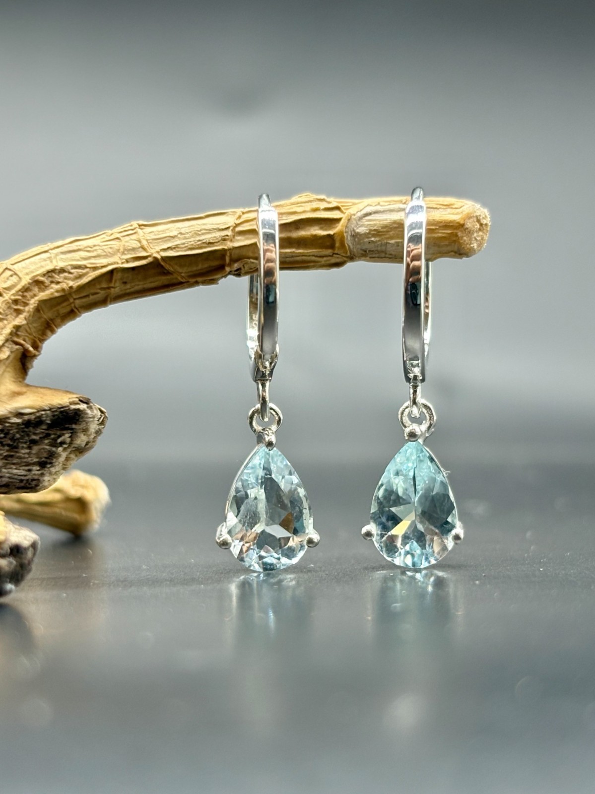 Natural Aquamarine Dangle Earrings in Sterling Silver | Pear Cut 9x6mm | 2.10 Ct