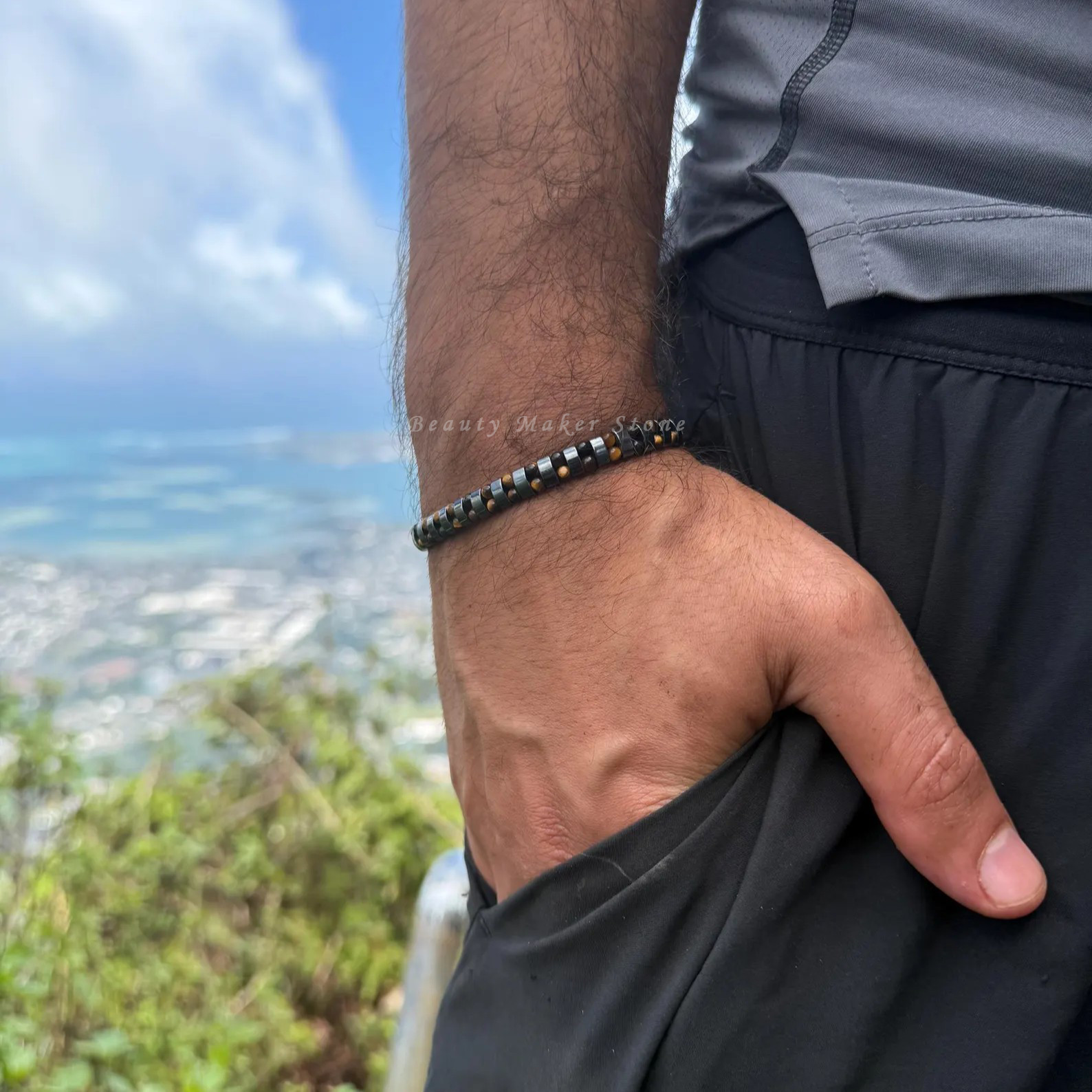 Handcrafted Tiger’s Eye & Hematite Bracelet,Healing Jewelry Men accessories Gift