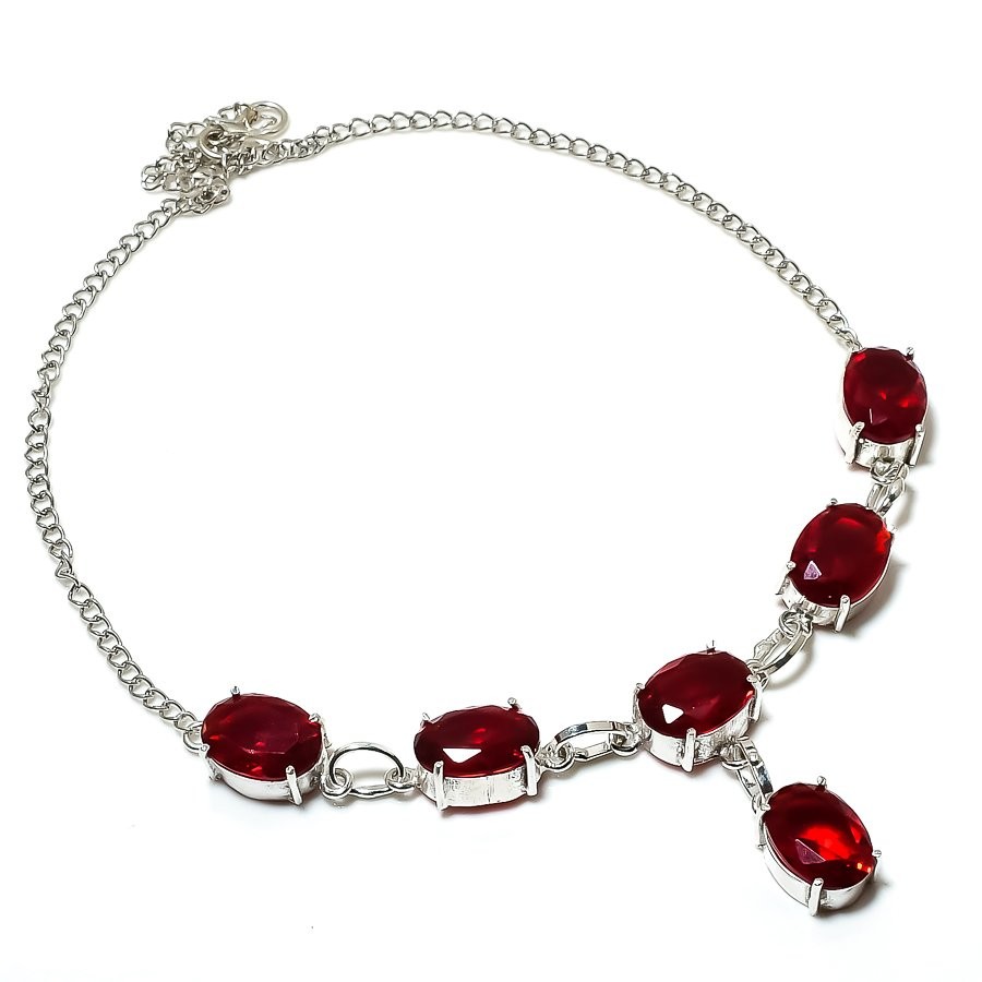 Faceted Mozambique Garnet Oval Shape Gemstone Handmade Gift Jewelry Necklace 18″
