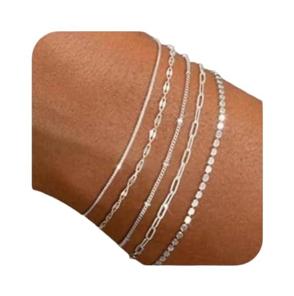 Silver Bracelet Set – Dainty Silver Bracelets for Women, 5 Packs, Waterproof Wom
