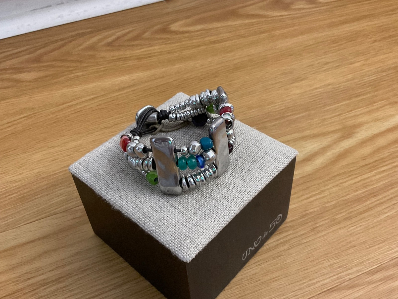 Estate Sale Uno de 50 Silver-plated,Leather, Multi Color Beads Bracelet “Atlas”