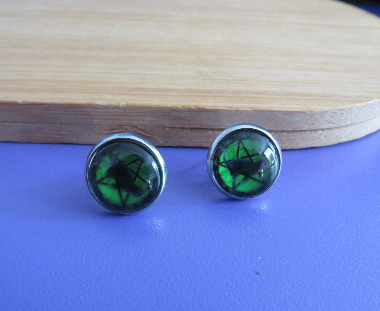 Pentagram & Cat Green & Black Glass Dome Cabochon Stud Earrings