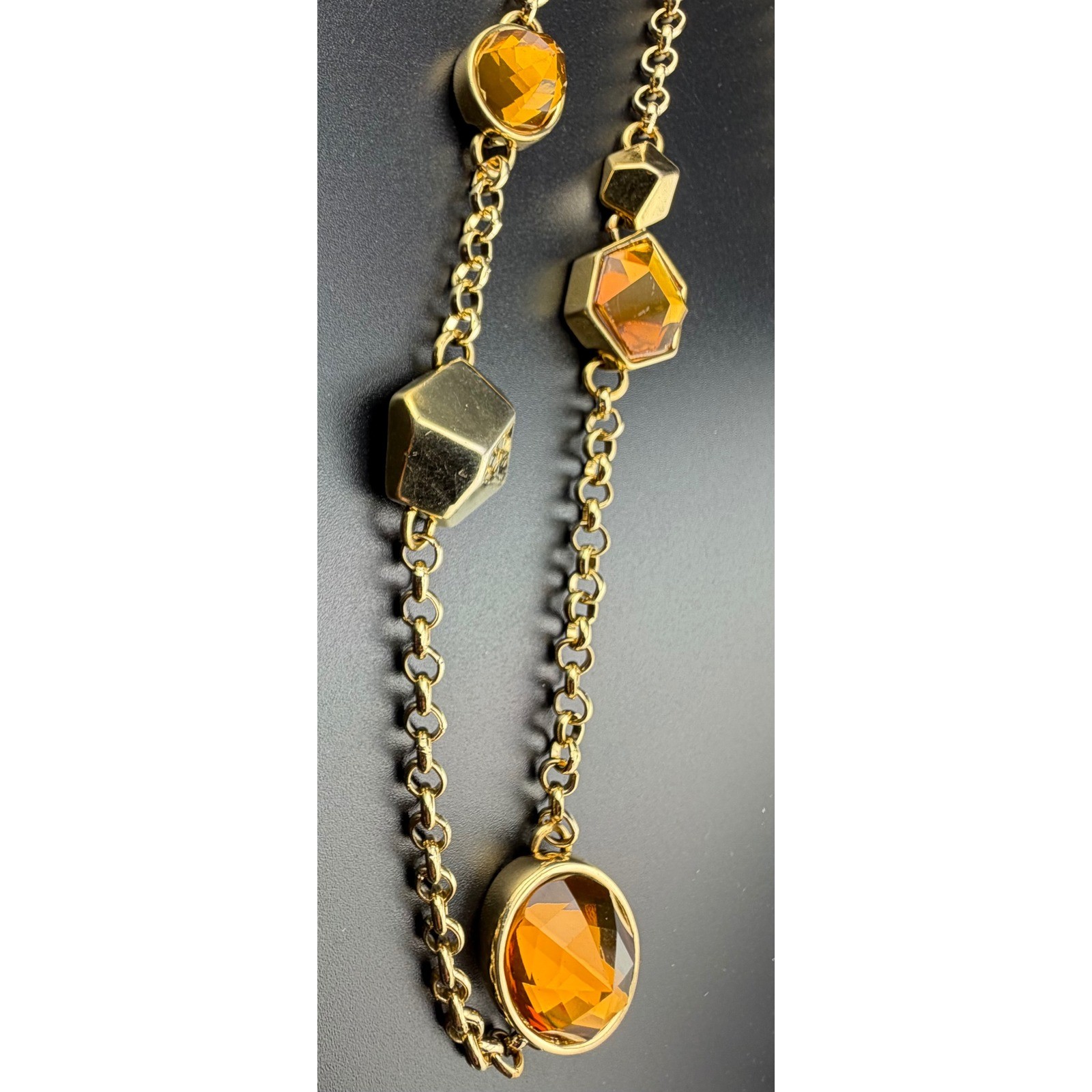 Etienne Aigner Station Necklace 35in Gold Tone Amber Colored Geometric READ