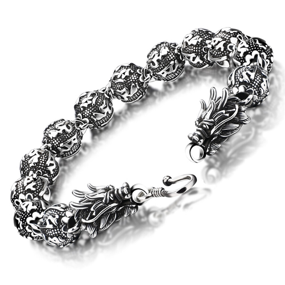 Solid 925 Sterling Silver Carved Mantra Bead Dragon Chain Bracelet for Men