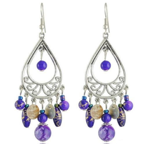 Awesome New Silver White Gold Plated Purple Bead Long Hook Dangle Drop Earrings