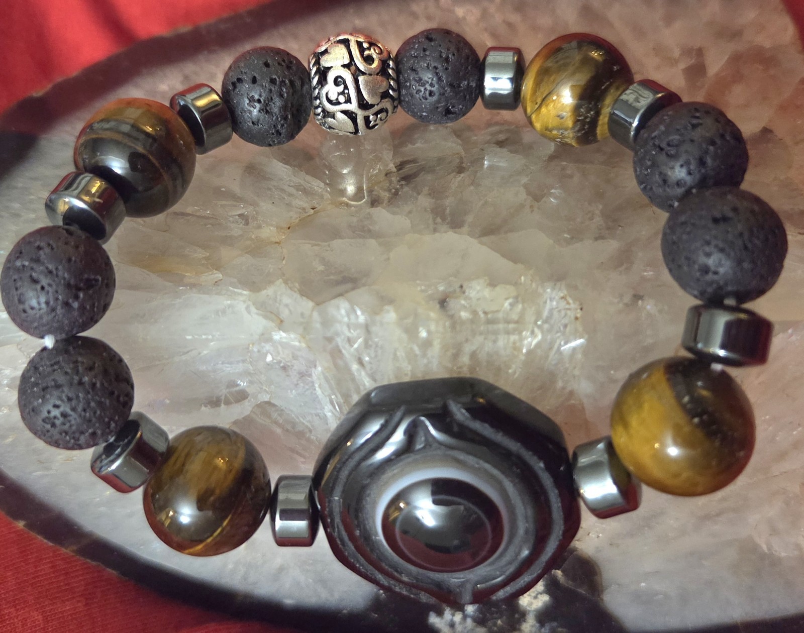 Mens bracelet with double Dzi: Dragon eye and ying yang with natural Stones.