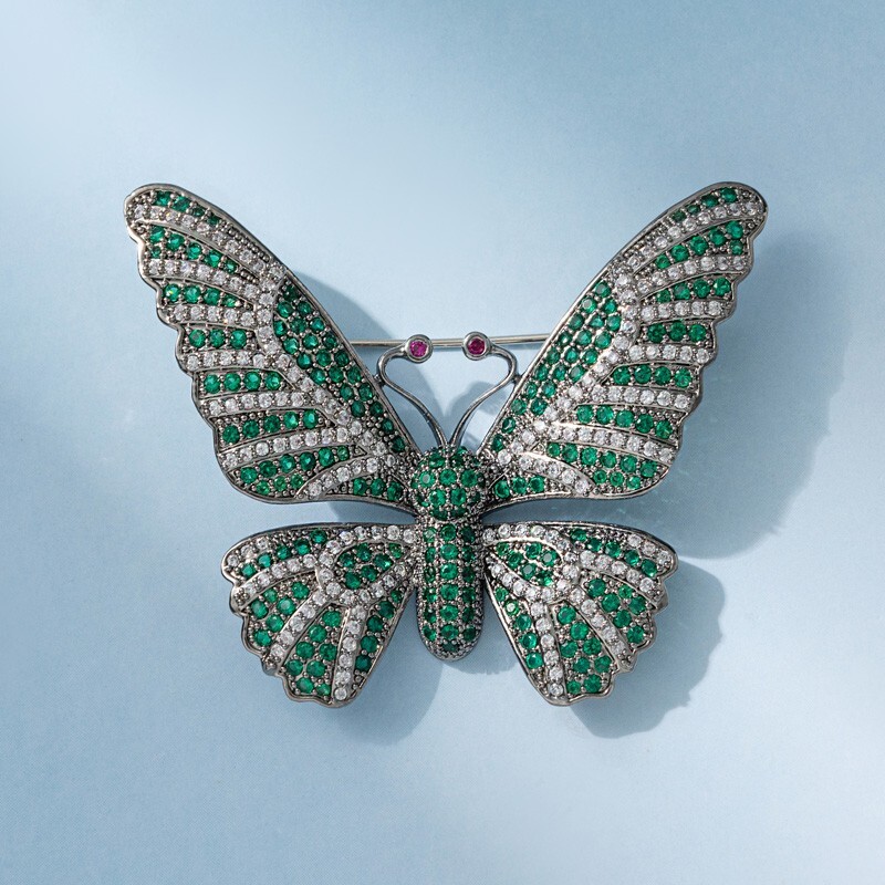 3.00Ct Round Cut Lab Created Emerald Butterfly Brooch Pin 14K White Gold Plated