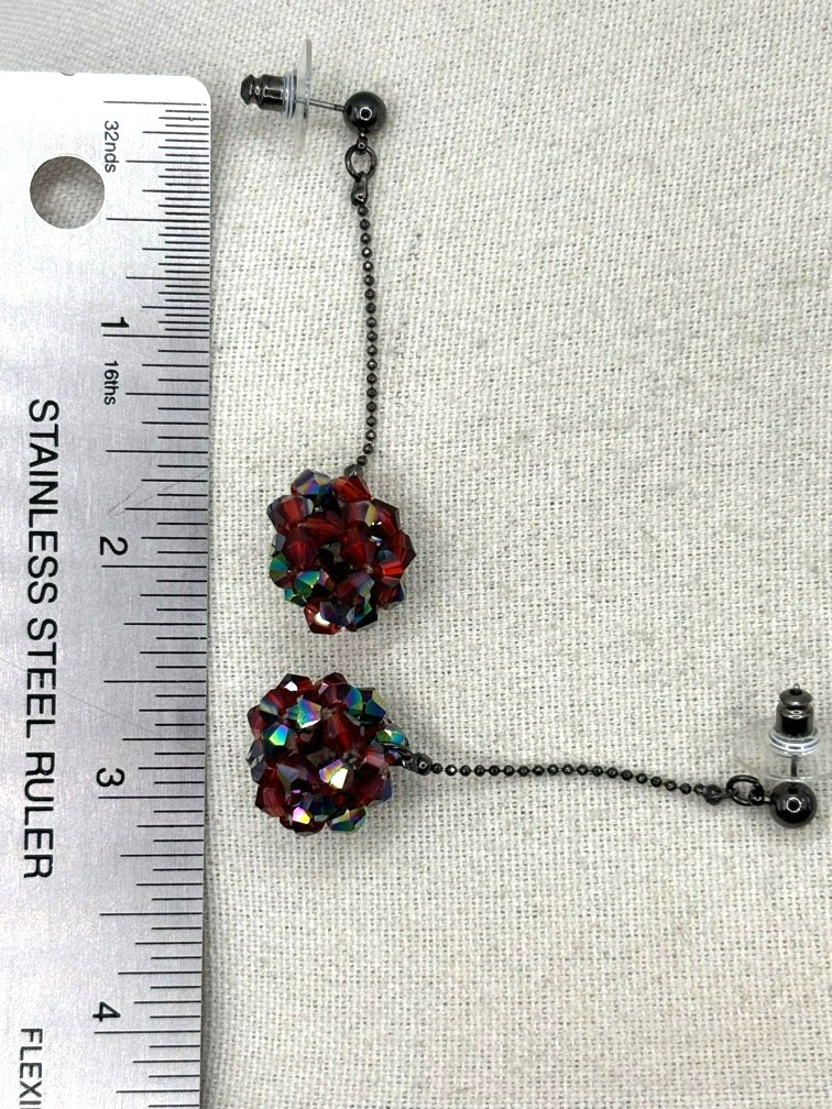 Cookie Lee Red Aurora Borealis Glass Bead Ball Drop Gunmetal Tone Earrings NWT