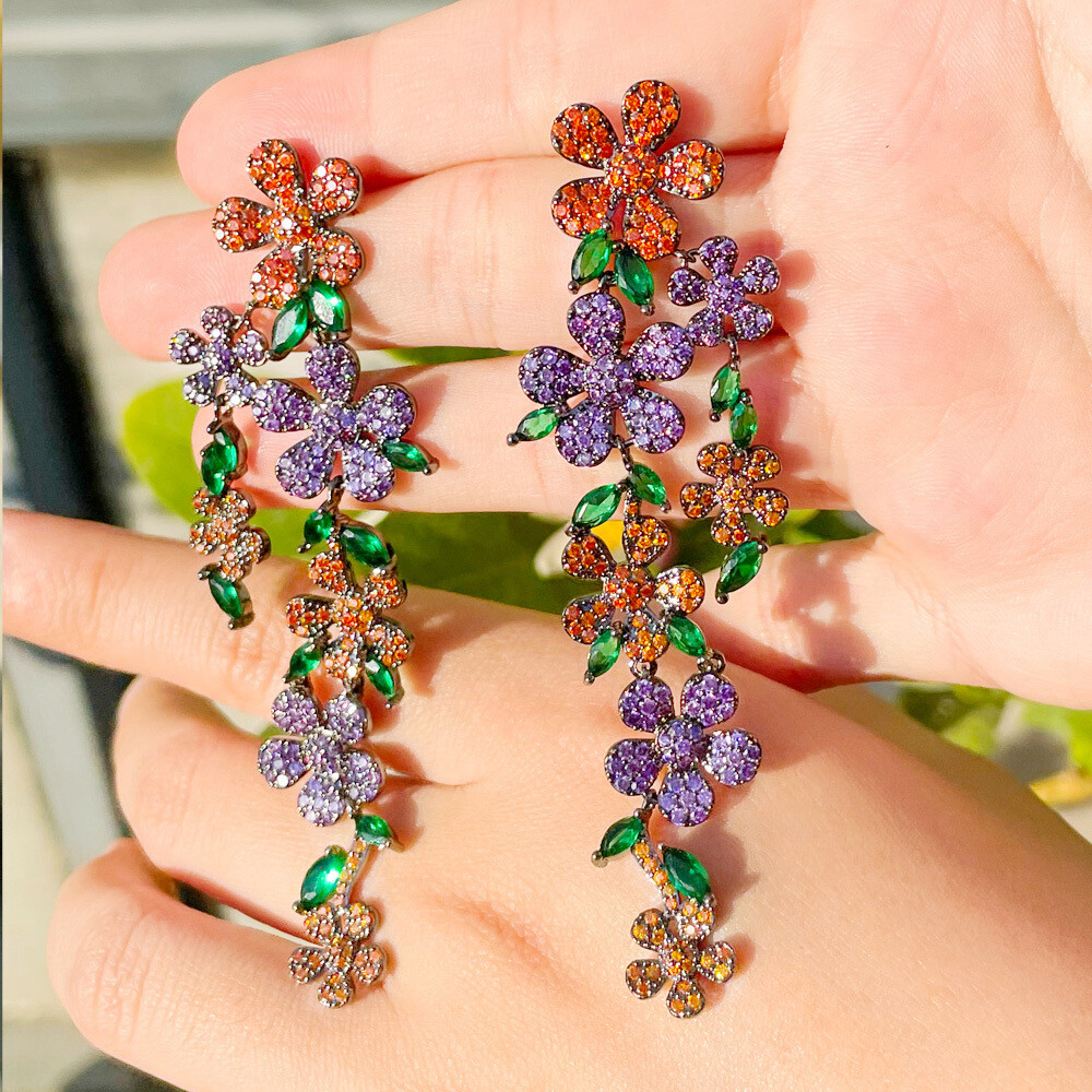 Cubic Zircon Flower Multicolor Leaf Dangle Drop Black Gold Plated Women Earrings