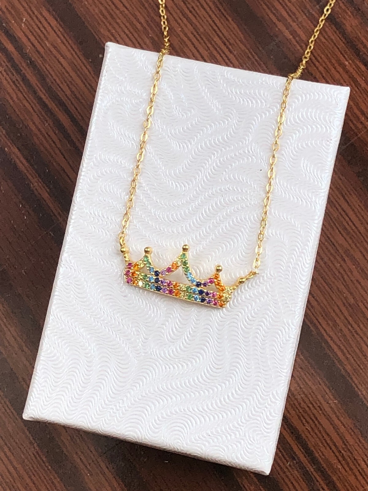 925 Sterling Silver Rainbow CZ Crown Pendant Necklace Gold Women Girls 20mm 18″
