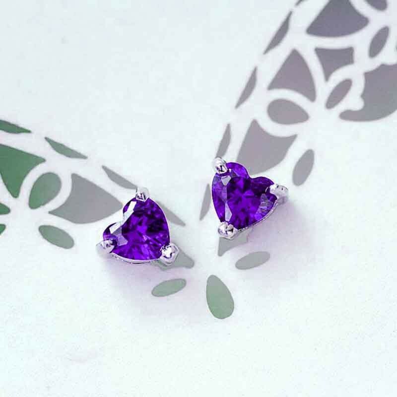 925 Sterling Silver Amethyst Heart CZ Shaped Stud Earrings 5MM Cubic Zirconia