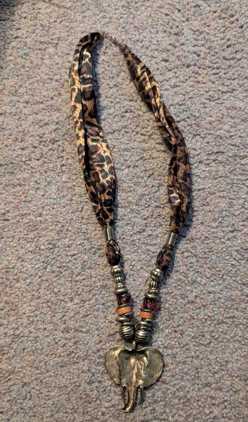 Boho Elephant Head Pendant Necklace Leopard Print Fabric Cord Beaded Tribal
