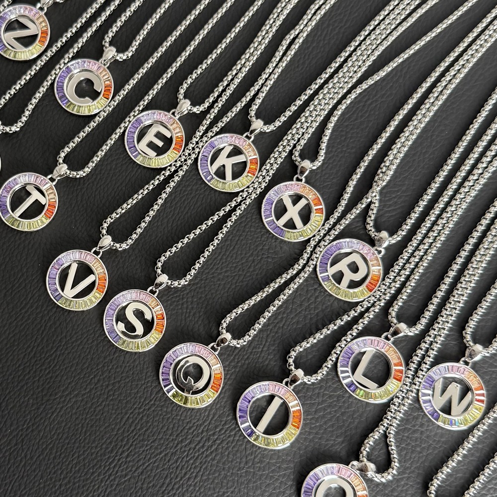 Initial Letter A-Z Necklace 24“ Chain CZ Cubic Zirconia Stone 925 Silver Pendant