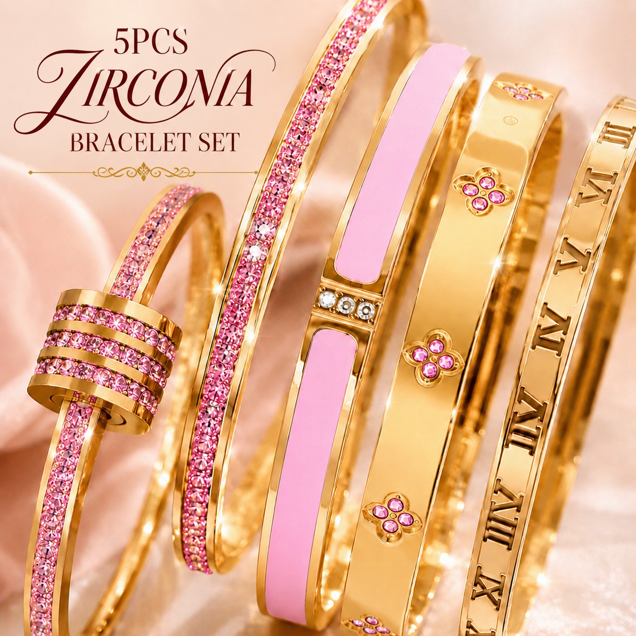 5pc Gold Pink Zirconia Bangle Bracelet Set Stainless Steel Jewelry Gift
