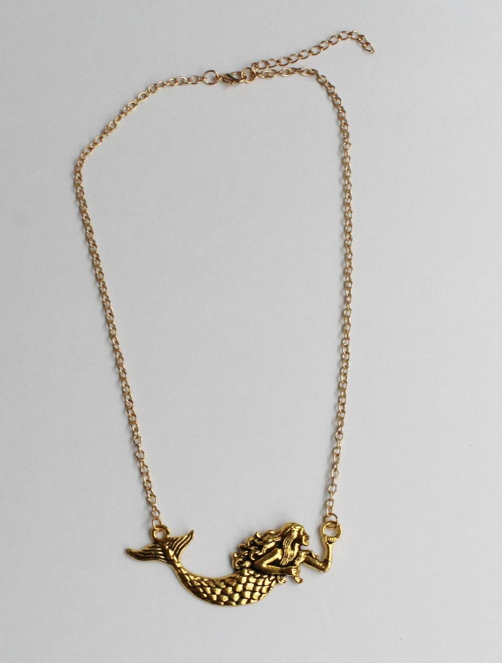 Gold mermaid necklace pendant 19″ long chain sea siren big pendant tail fin