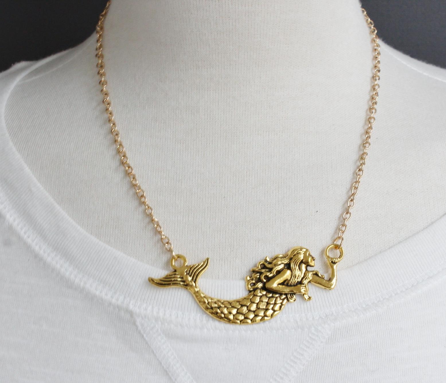 Gold mermaid necklace pendant 19″ long chain sea siren big pendant tail fin