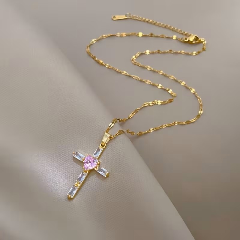 Gold Tone Cross Necklace Pink Heart Crystal Pendant Faith Christian Jewelry Gift