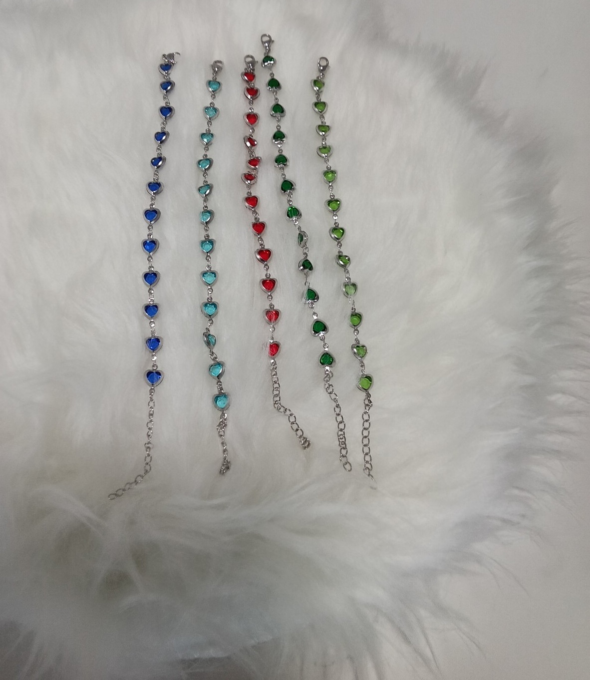 Lot of 5 Heart Multicolor Crystal Chain Bracelets, Lobster, Adjustable