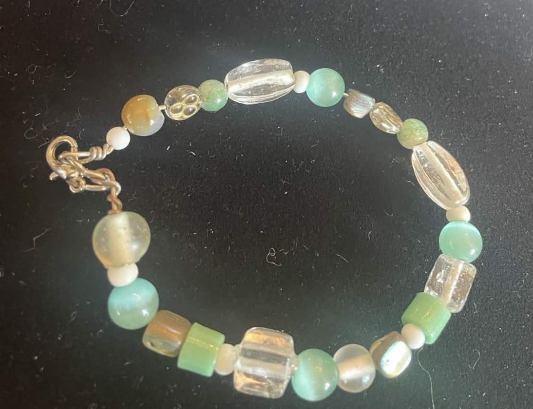 Multicolor Green Clear Orange Beaded Bracelet. Gift Box.