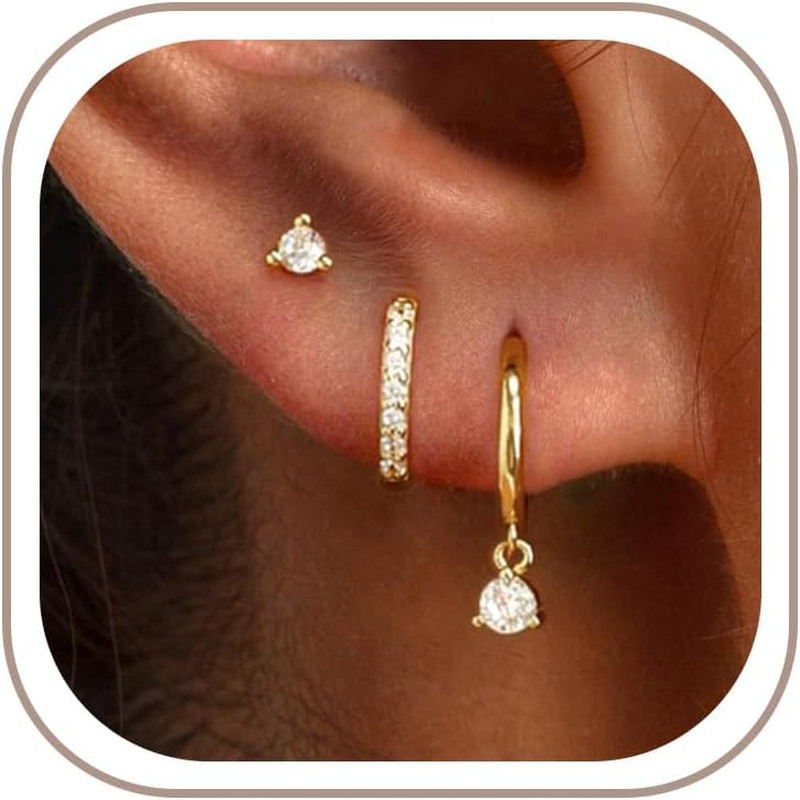 3 Pairs Gold Hoop Earrings Set: Dainty Stud Earrings Trendy Small 14K Gold Plate