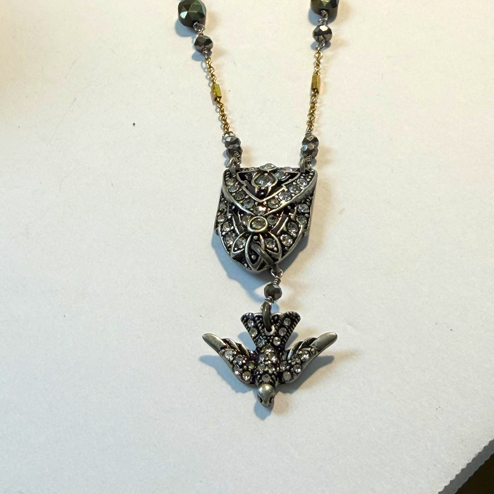 CABI Drop Sparrow Necklace Shield Bird Pendant Vintage Gold Tone