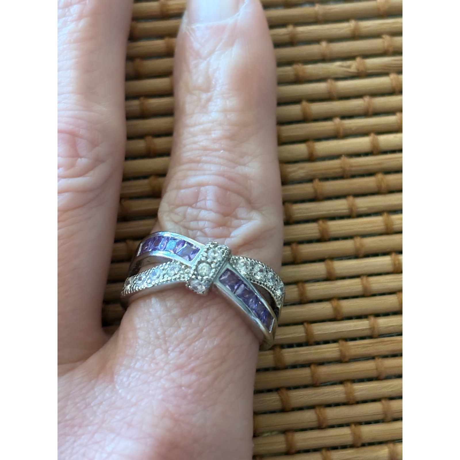 Womens Silver Tone Purple Amethyst CZ Crossover Bow Statement Ring