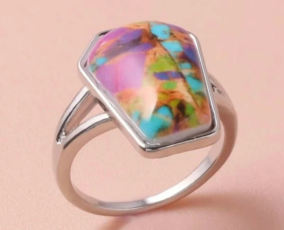 Women’s Colorful Bohemian Tie-Dye Ring in a Coffin Cut Silver Split Setting