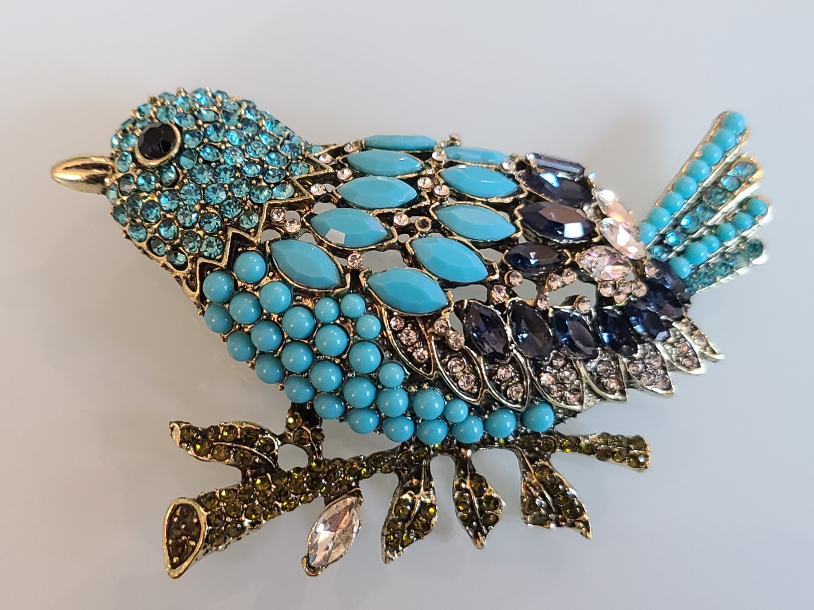 FAB HUGE 3.75″ New UNSIGNED I DESIGNER MARQUISE RHINESTONE BLUE BIRD PIN