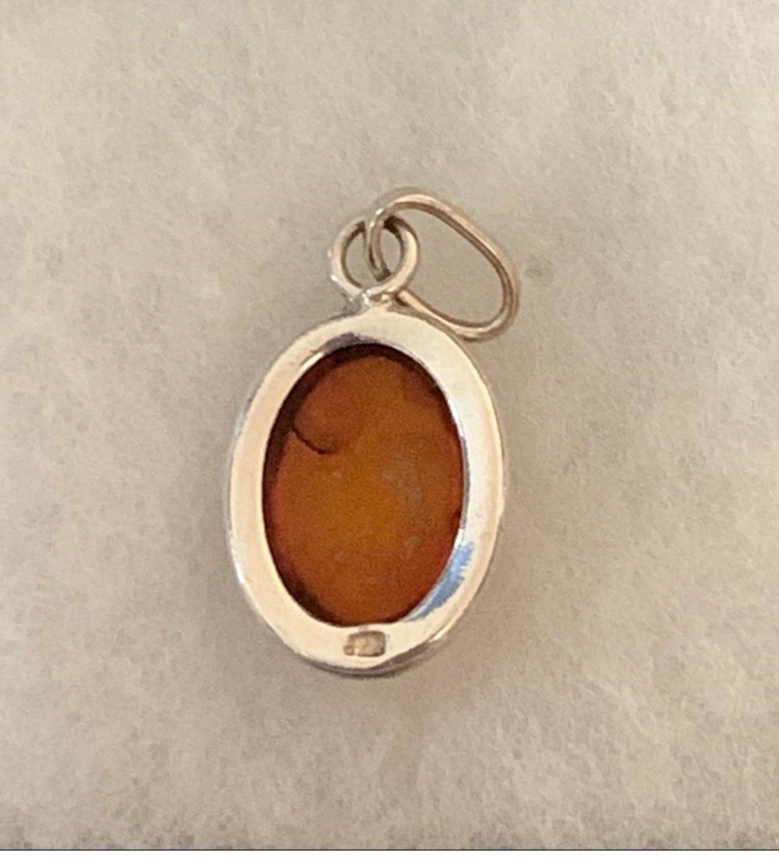 Oval Amber Stone Bezel-Set Silver Charm Pendant, Orange Cabochon
